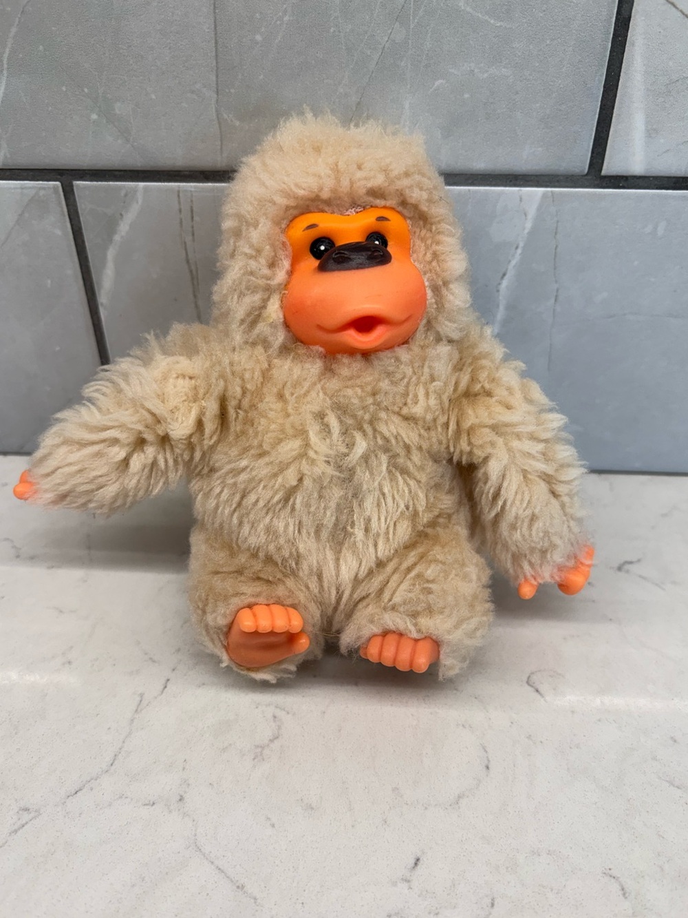 Vintage RUSS Baby Gonga Plush Monkey Toy with Vinyl Face Suck Thumb 80s Taiwan